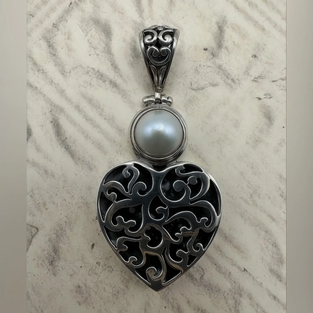 Sterling Silver 925 Wedding Heart Pendant Omega Pearl Byzantine Scroll Vtg 2.5